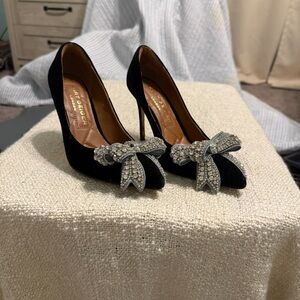 Elegant Black Heels with Rhinestone Bow by J.Renee